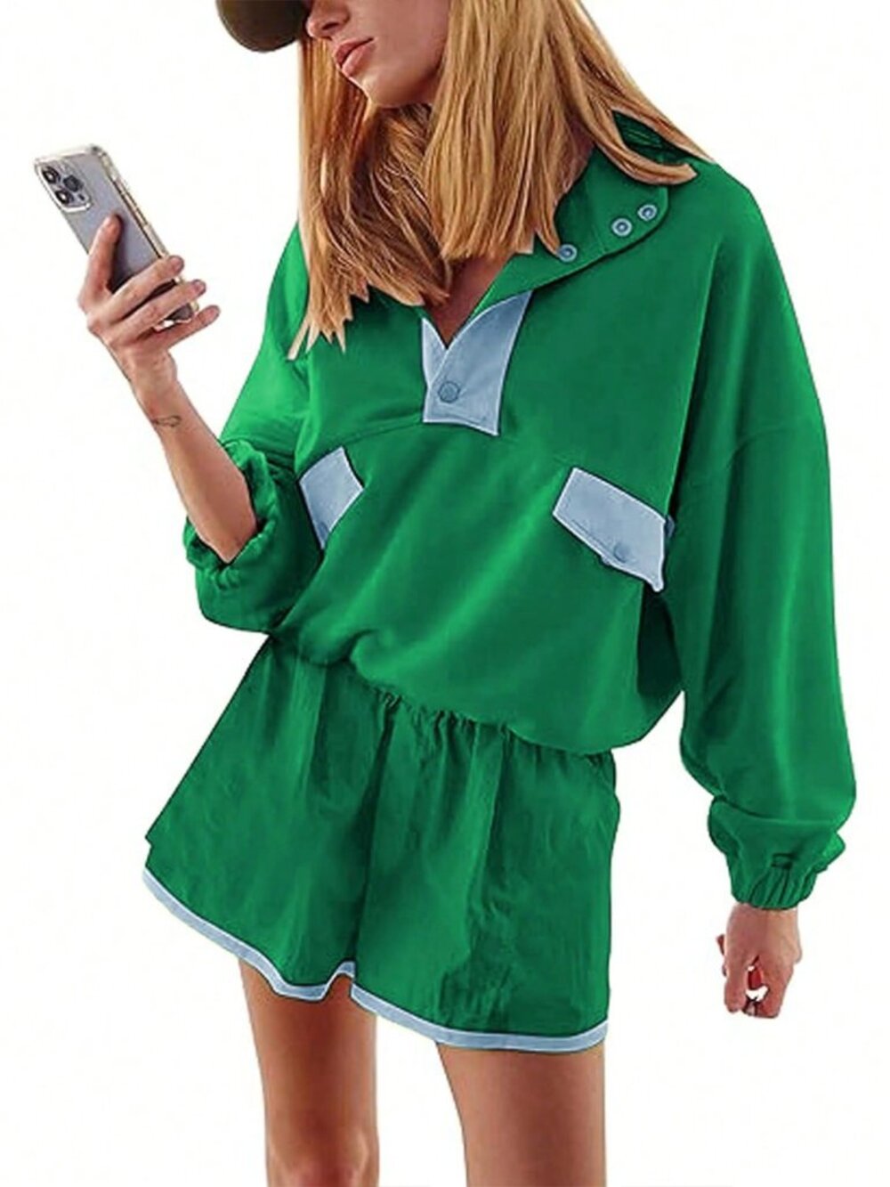Green Casual Women's Contrast Pocket Zipper Drop Shoulder Two Piece Set - Picture 4 of 4